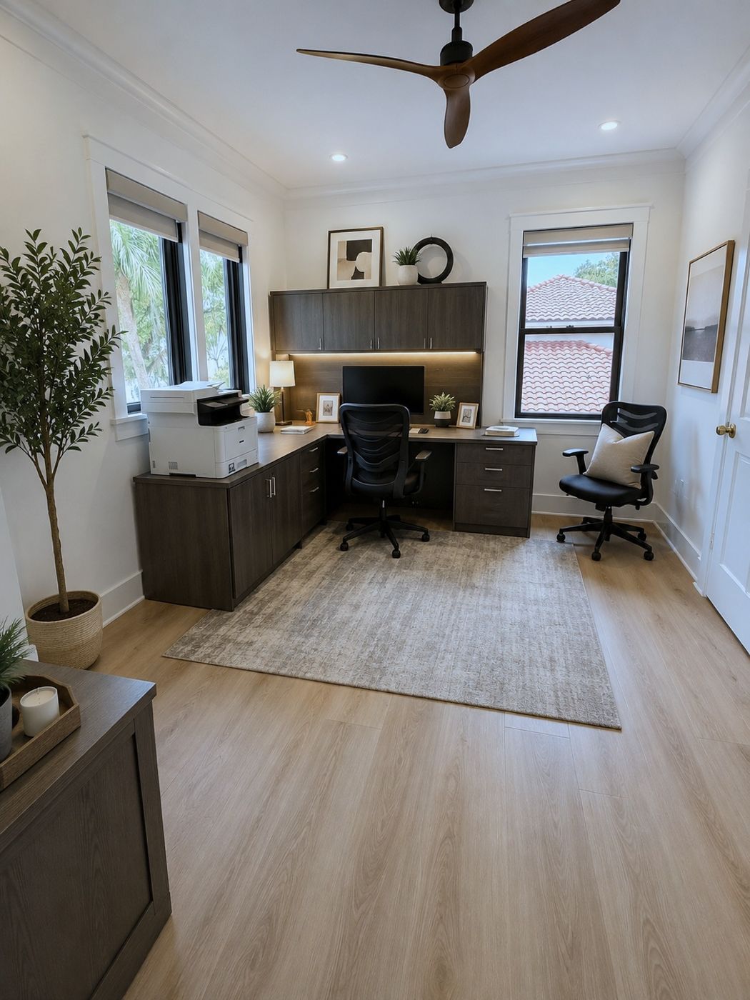 Home office with built-in desk and cabinets