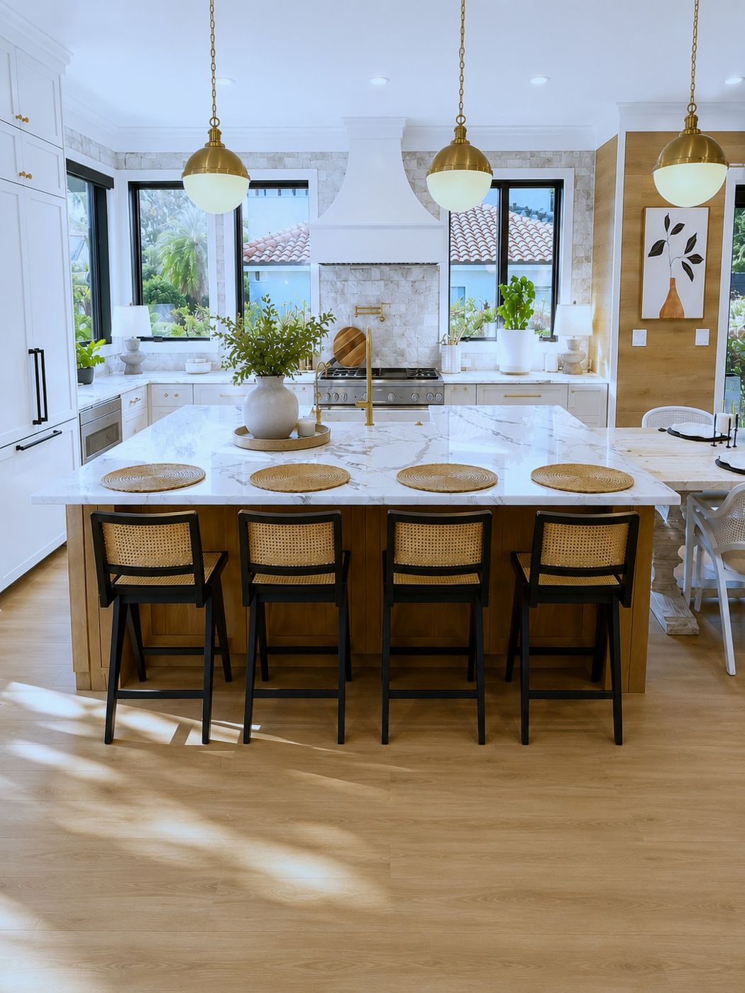 Kitchen island with four cane counter stools